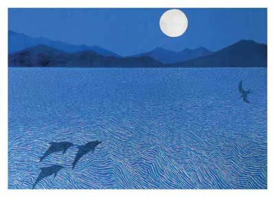 Blue-toned landscape with a full moon over mountains and a body of water with dolphins and a leaping fish.