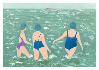 Three women in blue and purple swimsuits and caps standing in greenish water facing away.