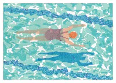 Top view of a swimmer in a pool with blue lane dividers and water reflections.