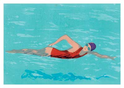 Illustration of a swimmer in a red suit and purple cap swimming freestyle in blue water.