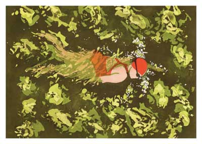 Illustration of a swimmer in a red swim cap gliding through green water plants.