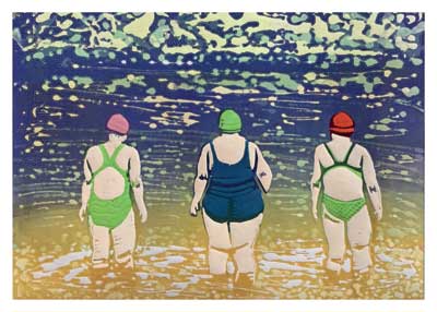 Three people in swimwear and caps standing waist-deep in water facing away under dappled sky.