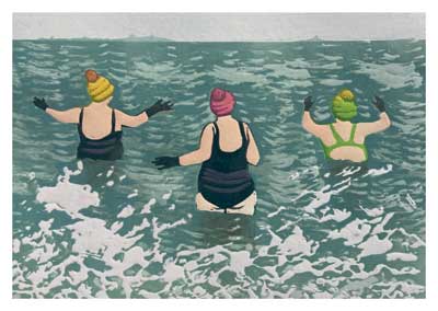 Three women waist-deep in water facing away, wearing swimsuits, gloves, and colorful hats.