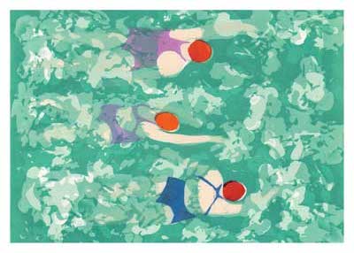 Five people swimming in different directions in a pool filled with green water.