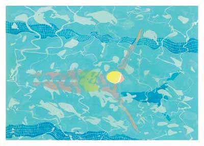 Artistic underwater view with a yellow fish and blue water with abstract shapes and fish silhouettes.
