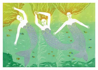 Illustration of three mermaids swimming underwater among seaweed and small fish.