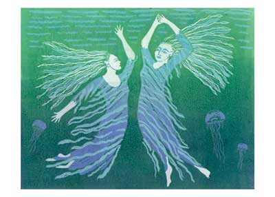 Two women with flowing hair and dresses floating under water with jellyfish around them.
