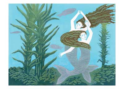 Two intertwined mermaids swimming underwater among tall sea plants and small fish.