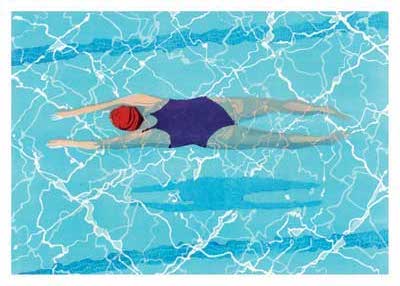 Top-down view of a swimmer in a red cap and purple suit swimming in a bright blue pool.