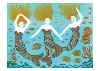 Illustration of three mermaids with flowing hair underwater among fish and coral.