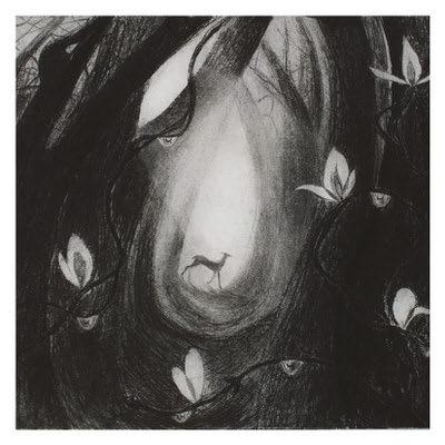 Black and white drawing of a deer standing in a lighted forest clearing surrounded by dark trees and flowers.
