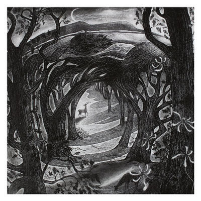 Black and white drawing of a forest path framed by twisted trees and a deer in the distance.