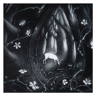 Monochrome mystical forest scene with a glowing white deer standing among large flowers and twisted trees.