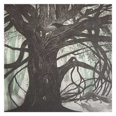 Black and white drawing of a large tree with thick branches and dense leafless twigs.