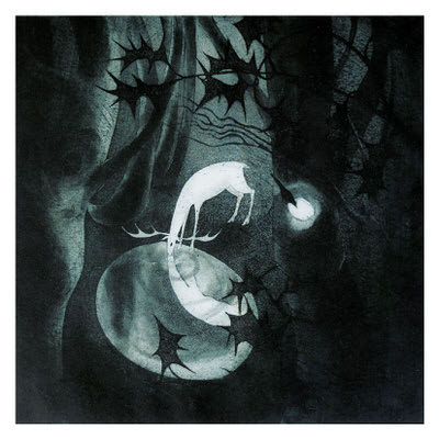 Ghostly white deer curled on a dark forest floor with spider-like shadows around it.