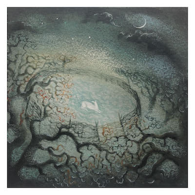 Abstract dark forest with twisted branches surrounding a pale area under a crescent moon.