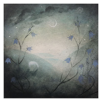 Night scene with a crescent moon, subtle stars, ghostly white deer, and delicate blue flowers on branches.