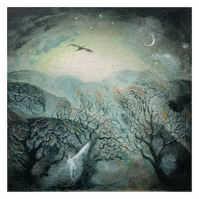 Ethereal scene with ghostly figure on white horse beneath twisted trees under crescent moon and bird in misty sky.