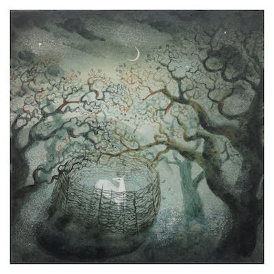 Mystical dark forest with twisted trees and a glowing white deer inside a woven enclosure under a crescent moon.