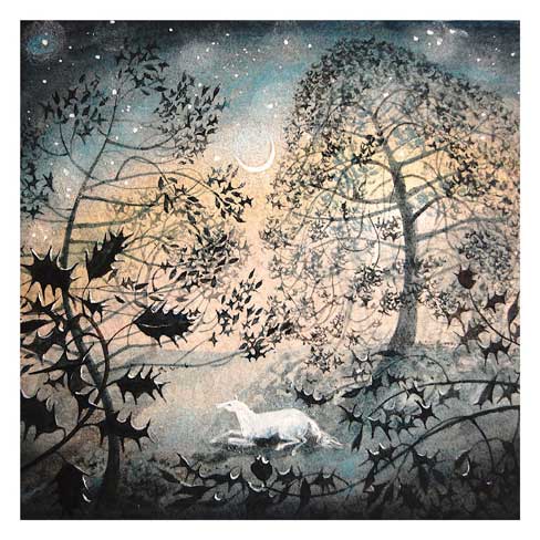 White horse walking through dark, thorny branches under a crescent moon and stars at twilight.