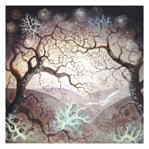 Abstract trees with twisting branches, light background, and coral-like shapes in muted colors.
