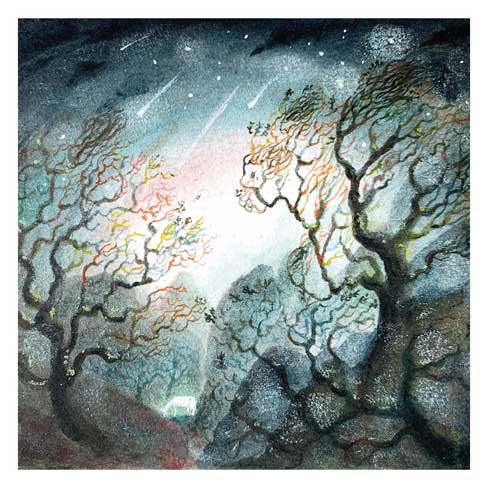 Night scene with a glowing white deer among trees under a starry sky with shooting stars.