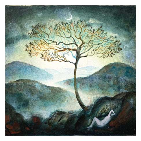 Surreal painting of a glowing tree on rocky hills under a crescent moon with a reclining nude figure.