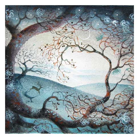 Artistic night scene with twisted trees, hills, a crescent moon, stars, and a deer silhouette.