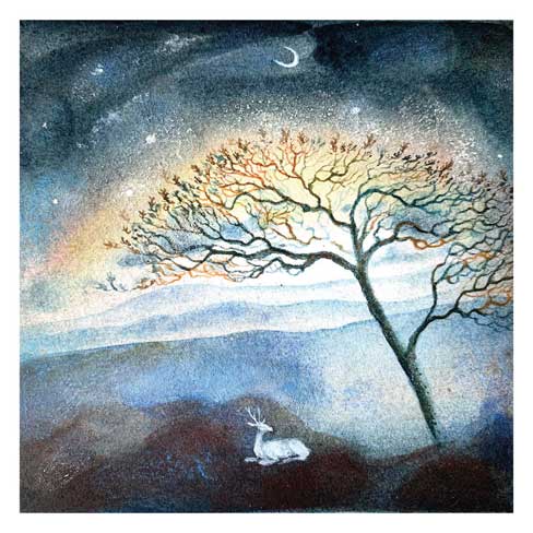 Watercolor of a white deer resting under a tree with glowing branches at dusk with stars and crescent moon.