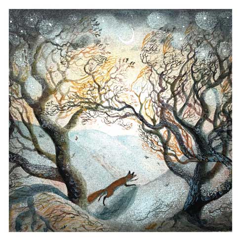 Artistic winter scene with a fox running between twisted trees under a pale crescent moon.