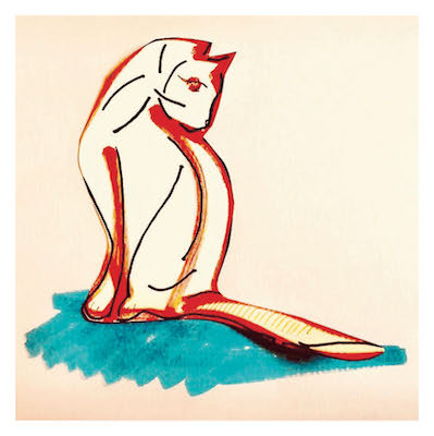 Abstract cat drawing in red and black lines sitting on a blue shadow on a cream background.