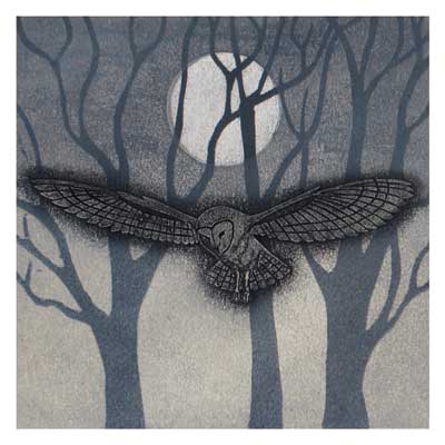 Illustration of an owl flying with outstretched wings in front of a full moon and bare tree branches.