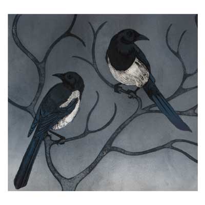 Illustration of two black and white birds perched on dark tree branches against a gray background.
