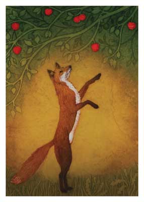Illustration of a red fox standing on hind legs reaching up toward red apples on green leafy branches.
