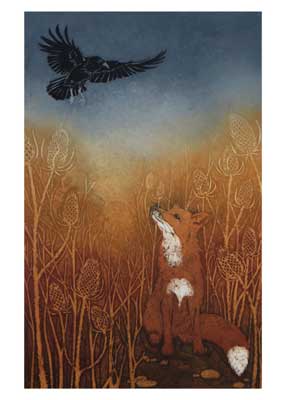 A red fox looks up at a black bird flying above in a field of tall plants at dusk.