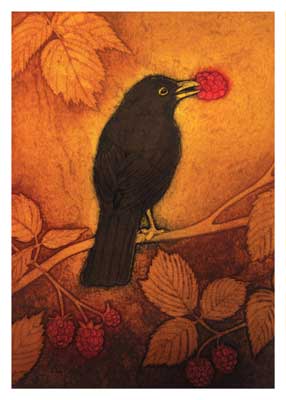 Black bird perched on a branch holding a red raspberry in its beak with autumn leaves around.