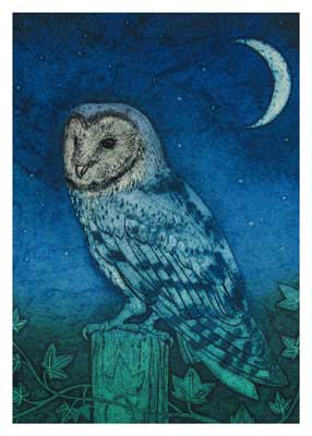 Illustration of a blue owl perched on a post under a crescent moon in a night sky.