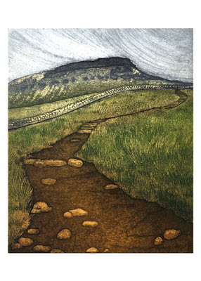 Pathway with stones leading through grassy hills toward a rocky mountain under a cloudy sky.