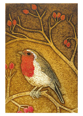 Illustration of a bird with a red breast perched on branches with small red buds against a brown background.