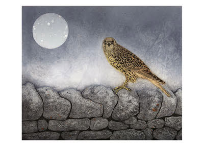 A bird with brown patterned feathers perched on a stone wall under a full moon in a gray sky.