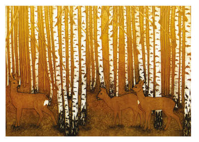 Three deer standing among tall birch trees with white bark and golden leaves.
