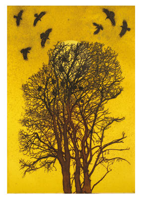 Silhouettes of leafless trees and flying birds against a yellow-orange sky with a faint sun.