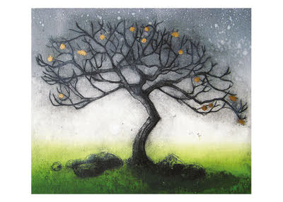 Tree with bare branches and orange leaves on a grassy field under a gray, cloudy sky.