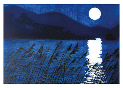 Moonlit lake scene with reeds in foreground, hills in background, and full moon reflecting on water.