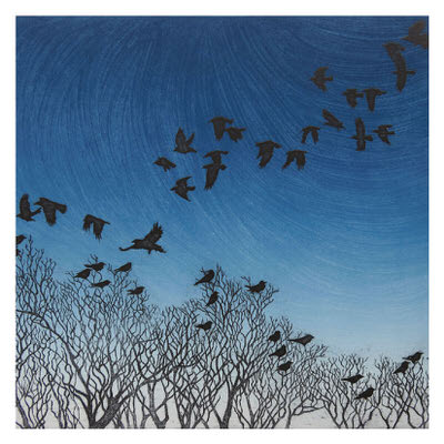 Silhouettes of birds flying above leafless trees against a blue textured sky background.