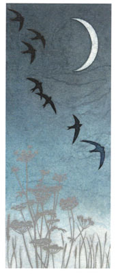 Silhouettes of birds flying past a crescent moon over tall wildflowers at dusk.