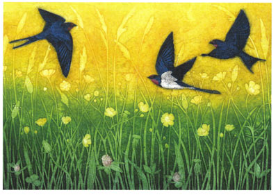 Three swallows flying over green grass and yellow flowers with a yellow sky background.