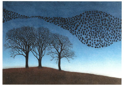 Silhouettes of three leafless trees on a hill with a flock of birds forming wave shapes in a blue sky.