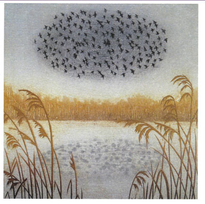 Illustration of birds flying in a swirling pattern over a reed-filled marsh at dusk.