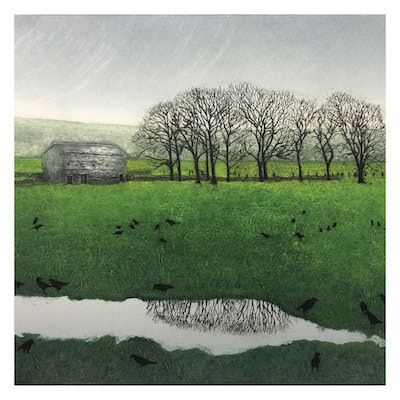 Green field with crows, bare trees, a gray barn, and a pond reflecting tree branches.